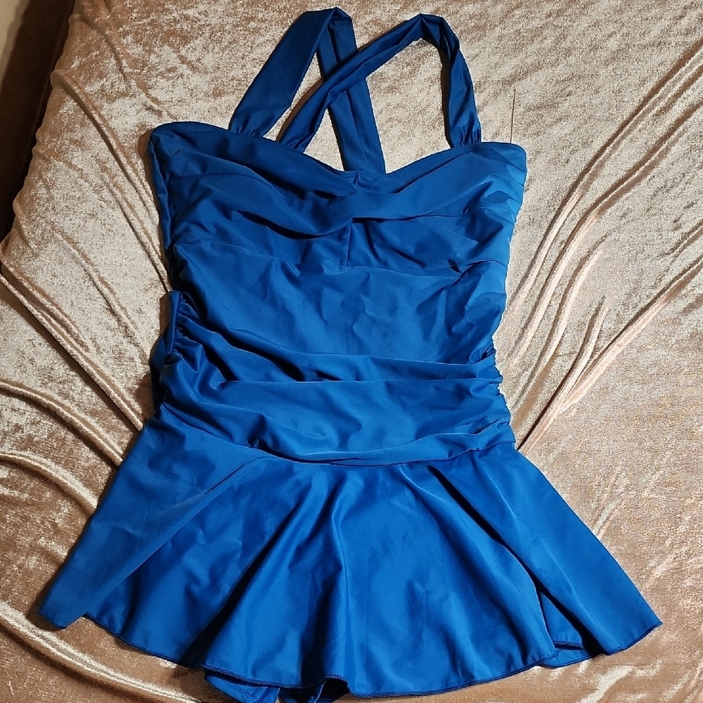 Stylish Teal Blue Womens One Piece Swimsuit Swim Dress.